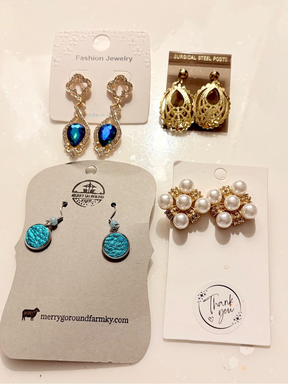 Lot of 4 Pairs Fashion Earrings Gold Drop with Blue Teardrop Crystals